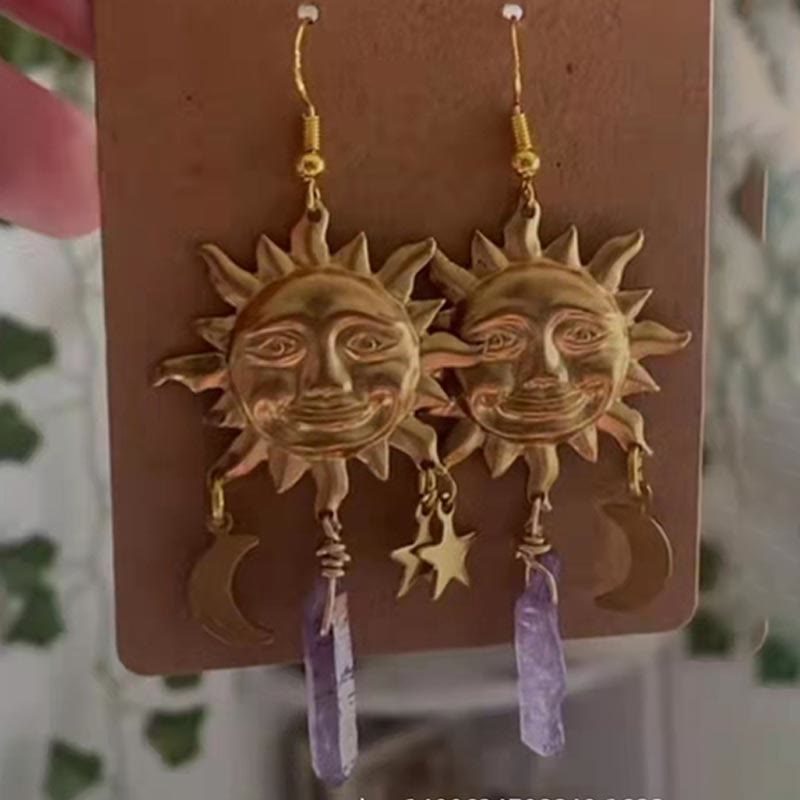 Natural Crystal Moon Stars Earrings - Elara-Amethyst-The Livary