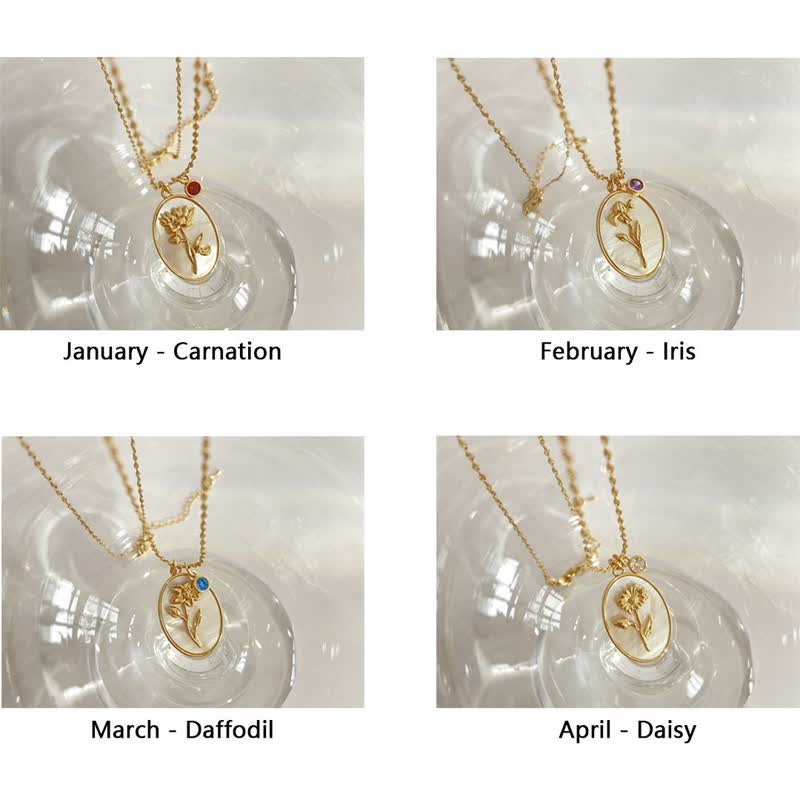 Birthstone with Birth Flowers Necklace - Aurora-January - Carnation-The Livary