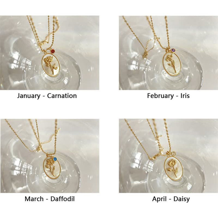 Birthstone with Birth Flowers Necklace - Aurora-January - Carnation-The Livary