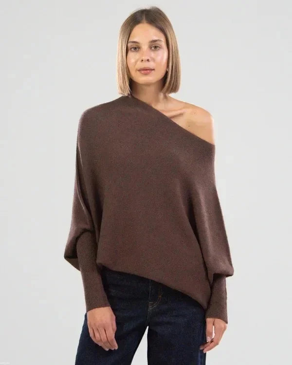 Asymmetric Oversized Women's Sweater - Sophia-Brown-The Livary