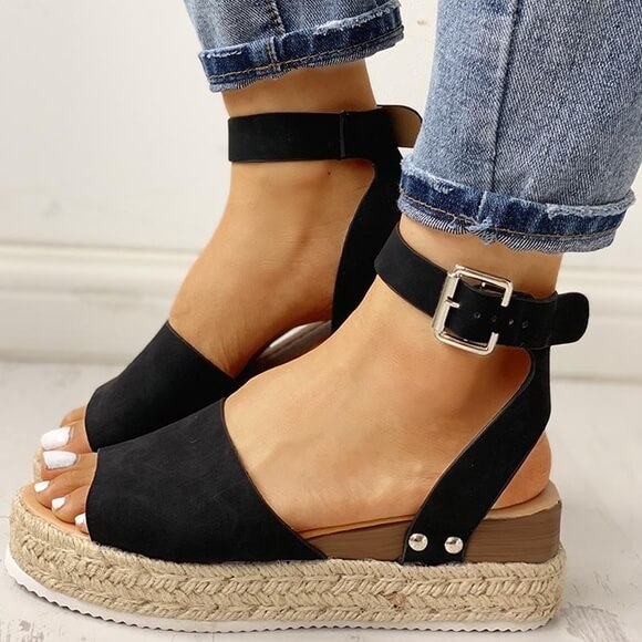 Ladies' wedge espadrille sandals with strap - Livia-Black-3-The Livary