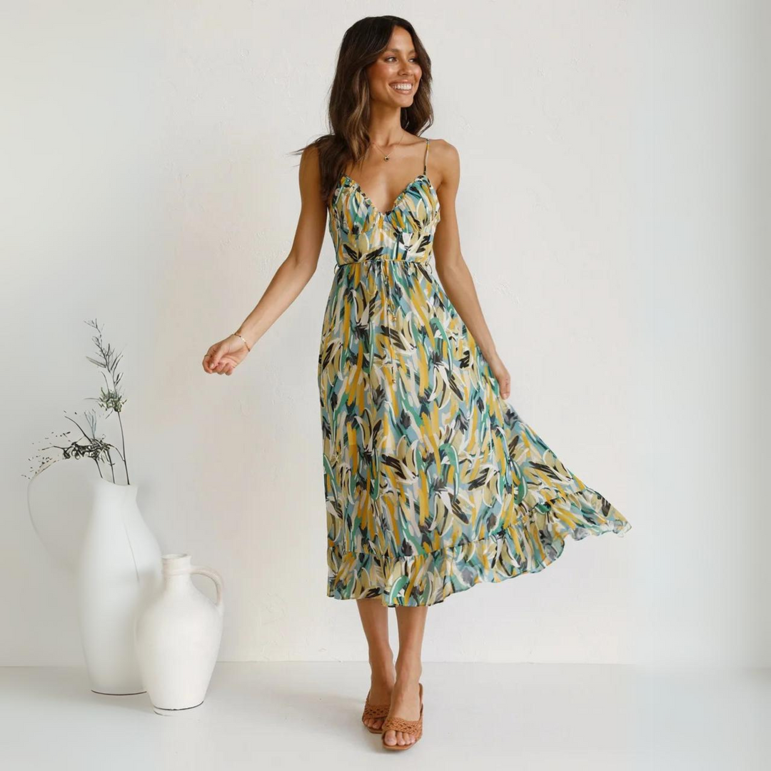 Summer dress with print and backless design – Elora-Yellow-S-The Livary