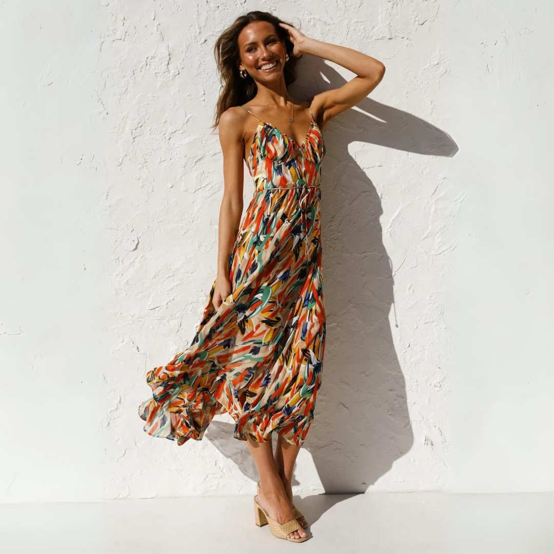 Summer dress with print and backless design – Elora-Orange-S-The Livary