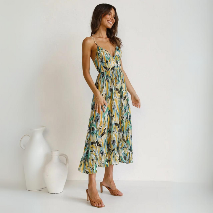 Summer dress with print and backless design – Elora-Yellow-S-The Livary