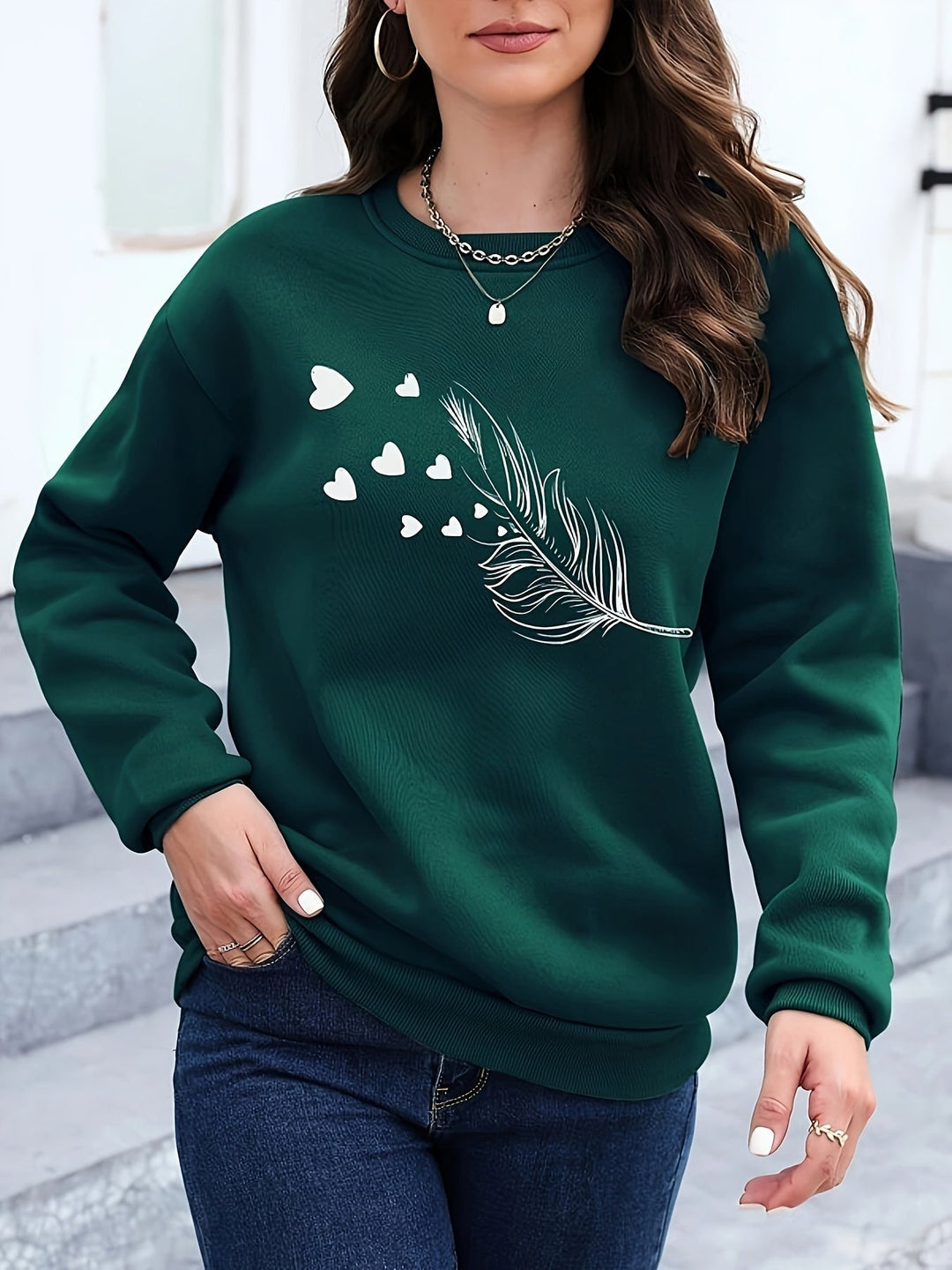 Casual Sweatshirt with Feather Print - Marisa-Dark green-S-The Livary