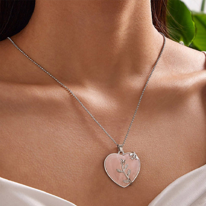 Stylish Heart-Shaped Rose Quartz Necklace - Amara-Rose quartz-The Livary