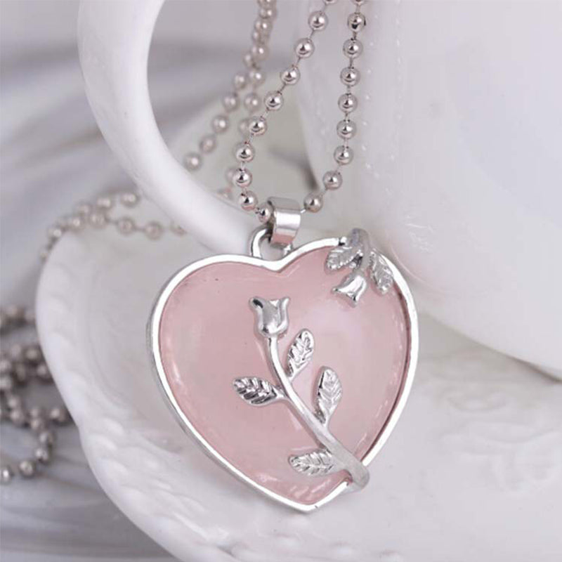Stylish Heart-Shaped Rose Quartz Necklace - Amara-Rose quartz-The Livary