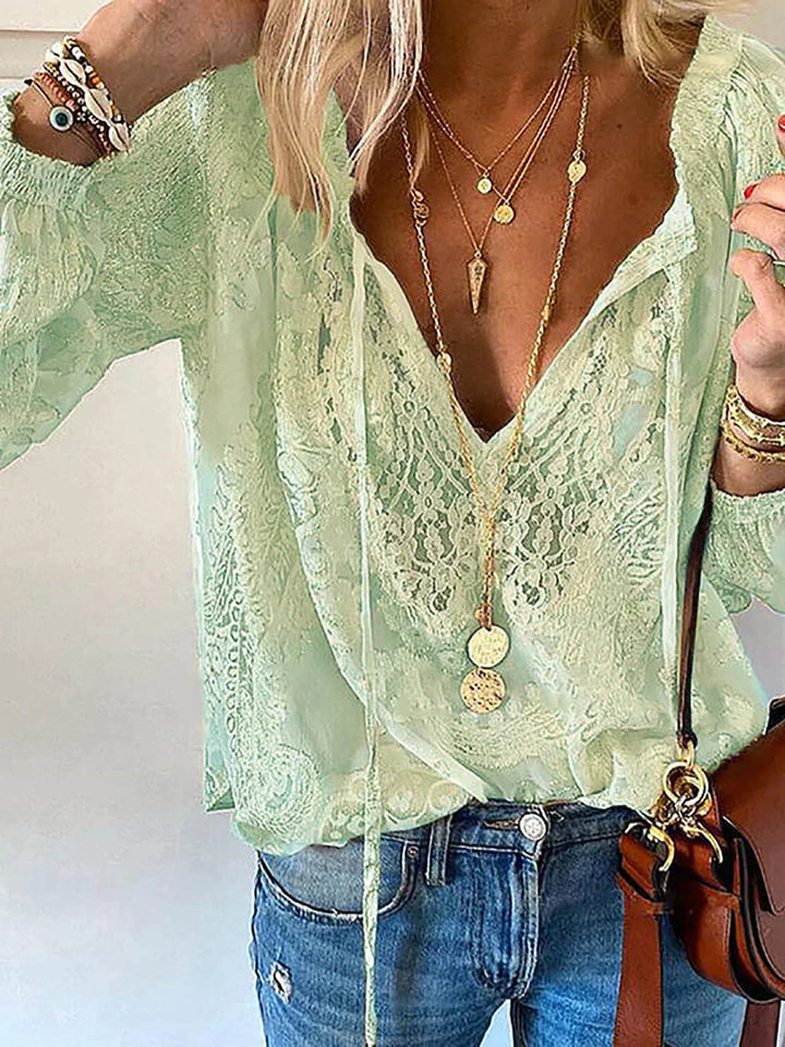 Exclusive Ladies' Blouse with Lace - Elodie-Green-XS-The Livary