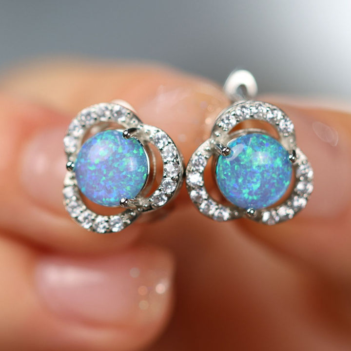 White Opal & Zircon Clover Leaf Earrings - Elara-Blue Opal and Rose Gold-The Livary