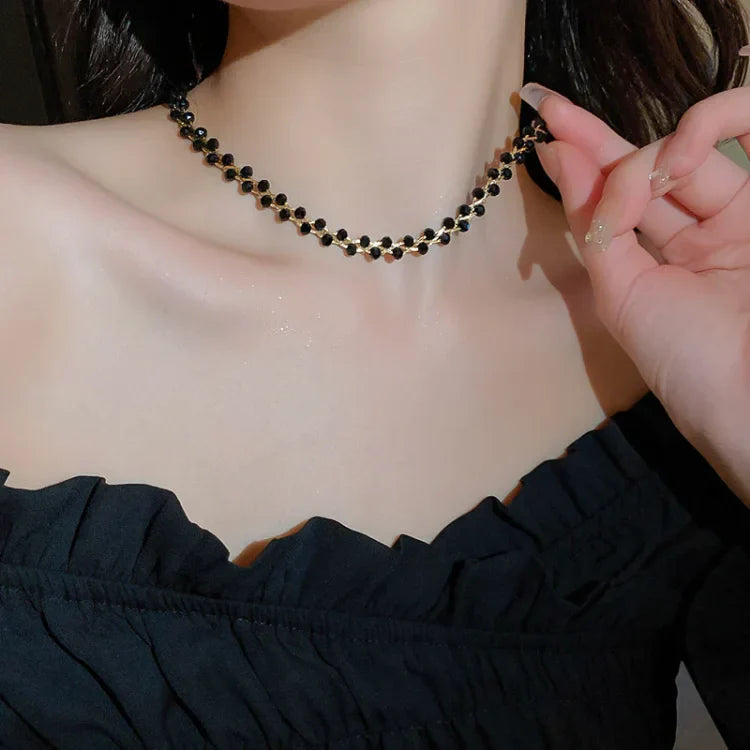 Double Crystals and Pearls Necklace - Amira-Black Crystal-The Livary