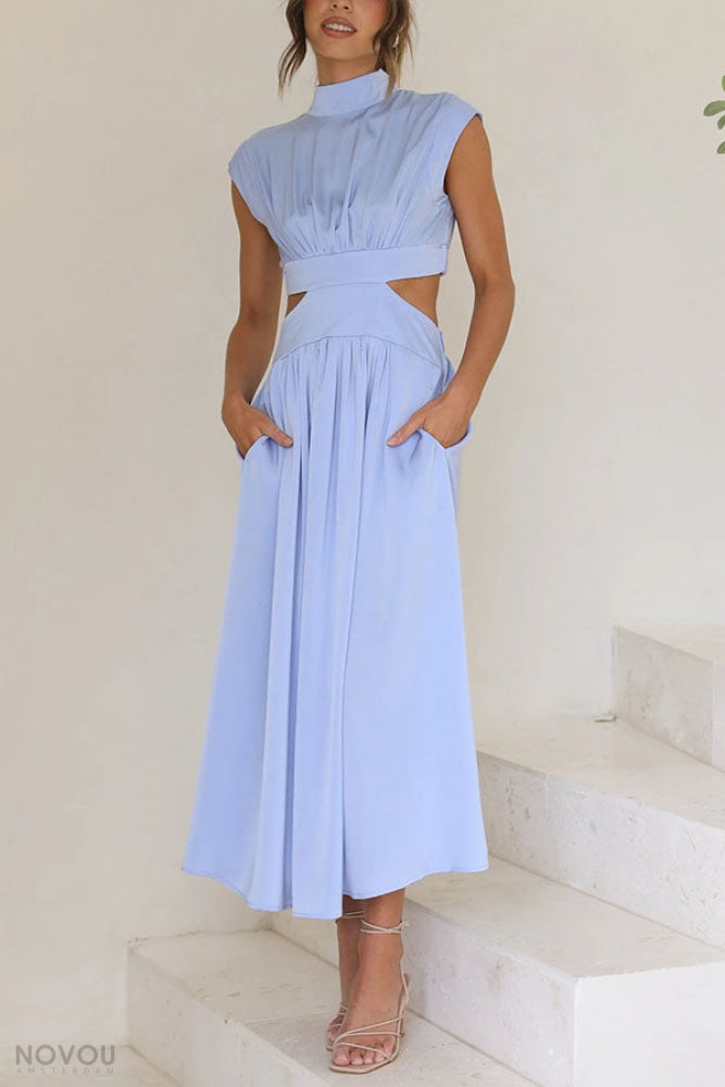 Elegant summer midi dress with roll neck and waist cut-out – Avelina-Blue-S-The Livary