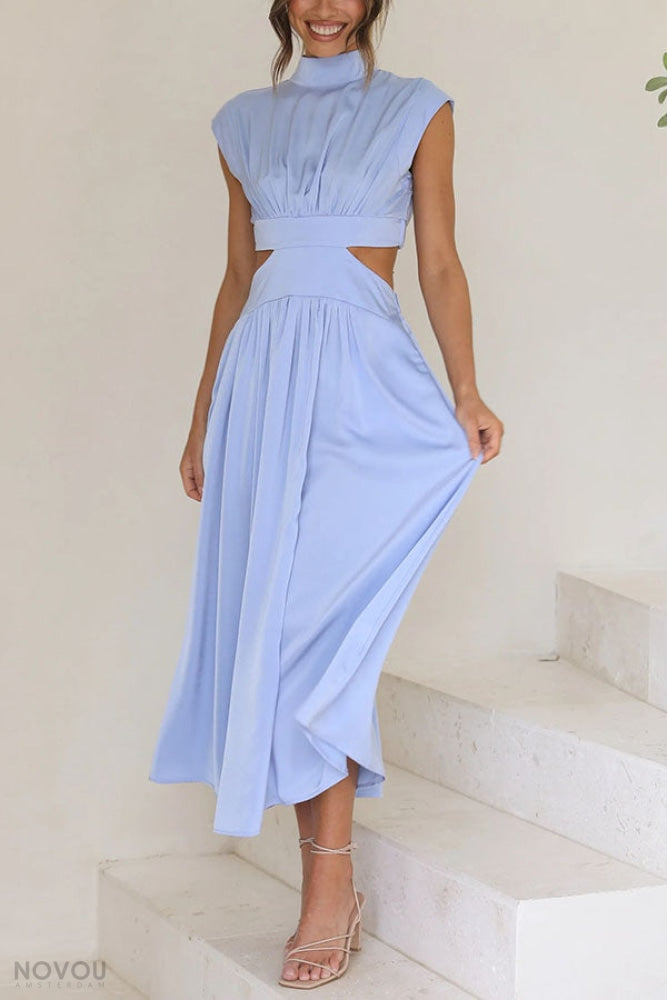 Elegant summer midi dress with roll neck and waist cut-out – Avelina-Black-S-The Livary