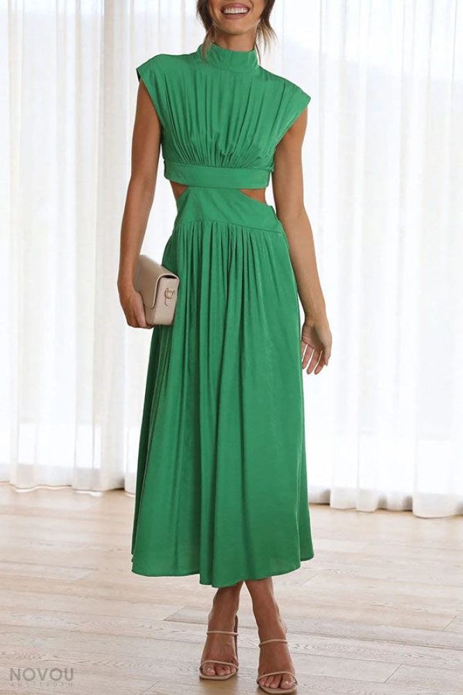 Elegant summer midi dress with roll neck and waist cut-out – Avelina-Black-S-The Livary