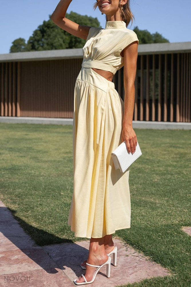 Elegant summer midi dress with roll neck and waist cut-out – Avelina-Black-S-The Livary
