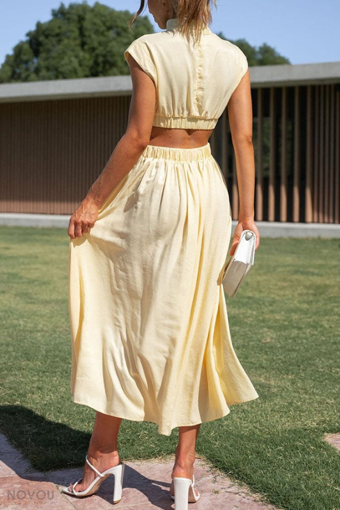 Elegant summer midi dress with roll neck and waist cut-out – Avelina-Black-S-The Livary