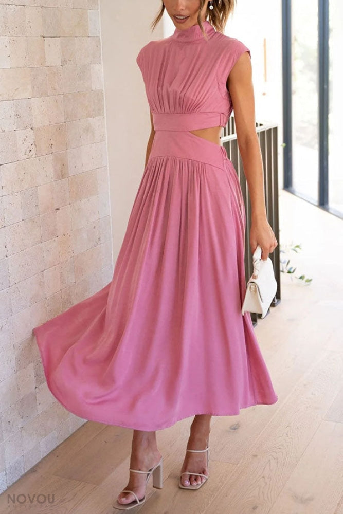Elegant summer midi dress with roll neck and waist cut-out – Avelina-Black-S-The Livary