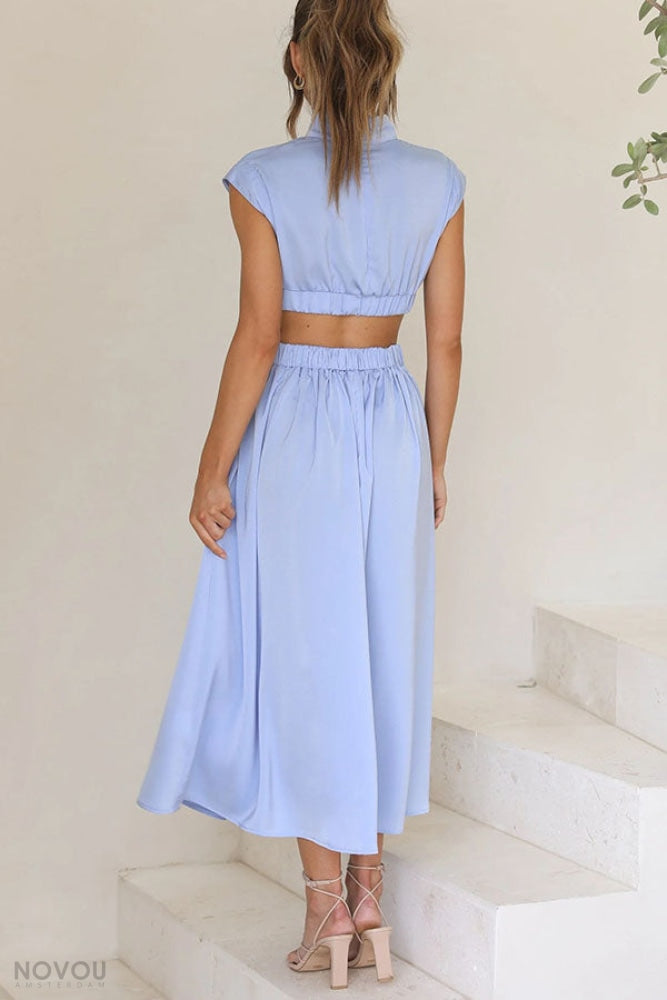 Elegant summer midi dress with roll neck and waist cut-out – Avelina-Black-S-The Livary