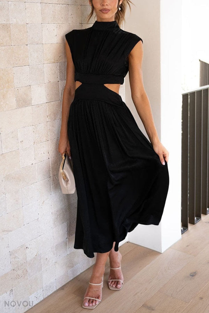 Elegant summer midi dress with roll neck and waist cut-out – Avelina-Black-S-The Livary