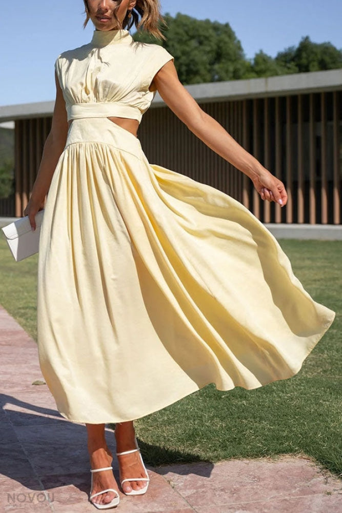 Elegant summer midi dress with roll neck and waist cut-out – Avelina-Black-S-The Livary