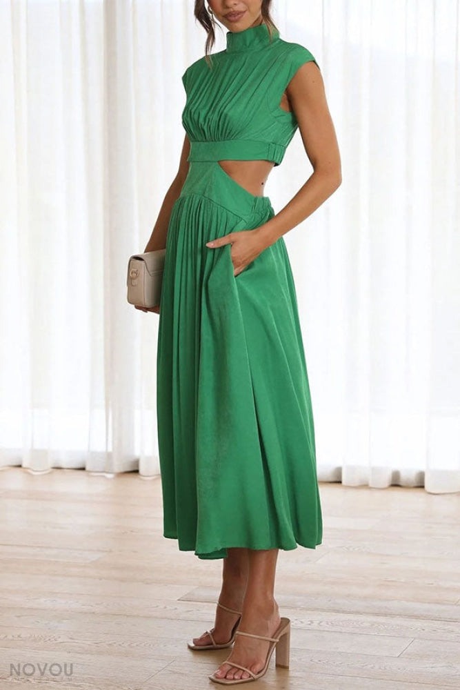 Elegant summer midi dress with roll neck and waist cut-out – Avelina-Black-S-The Livary