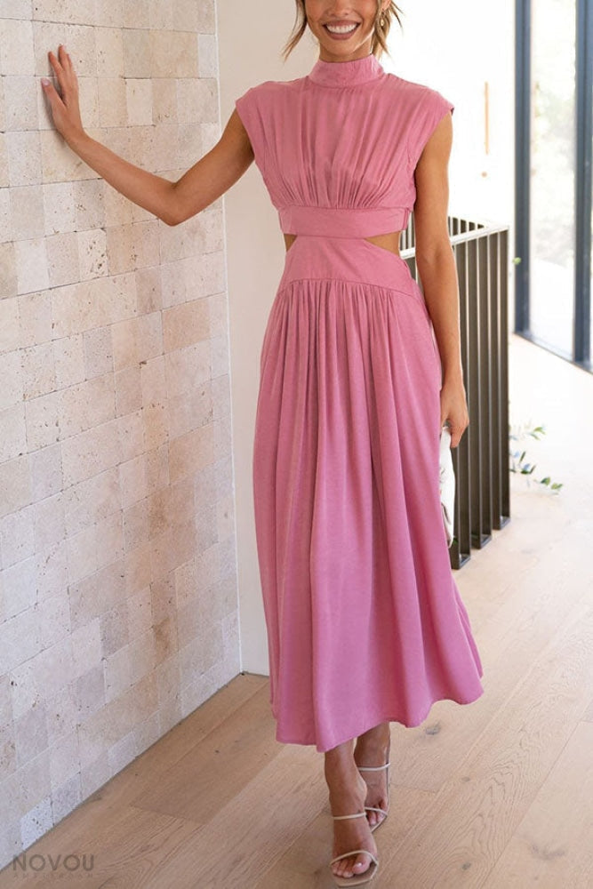 Elegant summer midi dress with roll neck and waist cut-out – Avelina-Black-S-The Livary