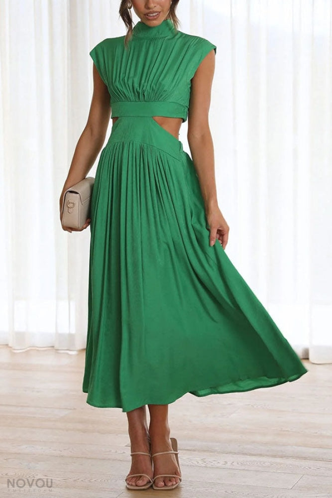Elegant summer midi dress with roll neck and waist cut-out – Avelina-Black-S-The Livary