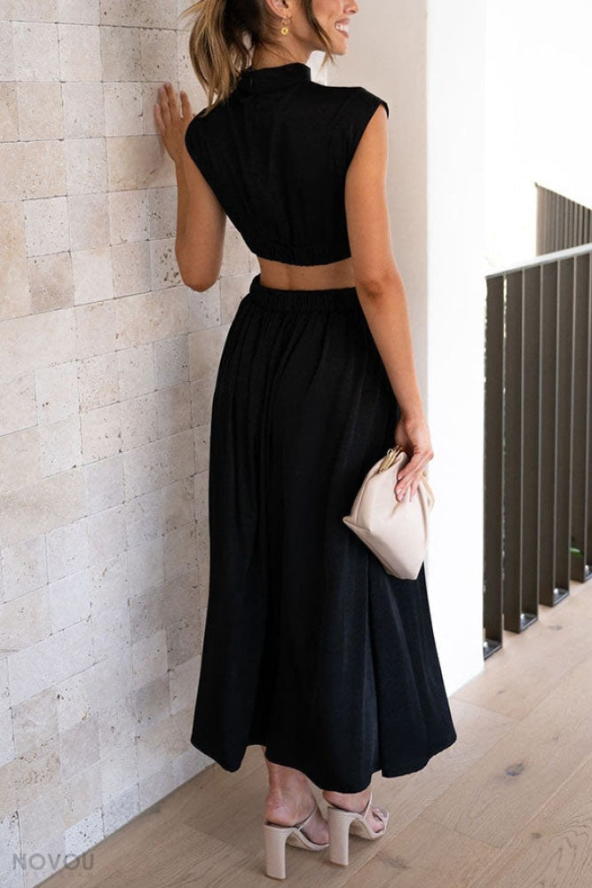 Elegant summer midi dress with roll neck and waist cut-out – Avelina-Black-S-The Livary
