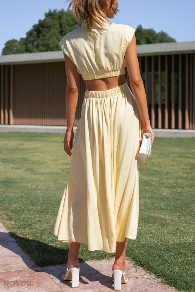 Elegant summer midi dress with roll neck and waist cut-out – Avelina-Black-S-The Livary