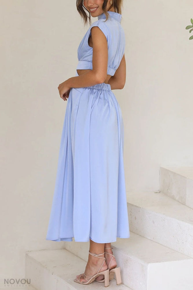 Elegant summer midi dress with roll neck and waist cut-out – Avelina-Black-S-The Livary