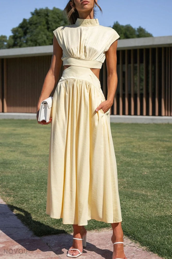 Elegant summer midi dress with roll neck and waist cut-out – Avelina-Yellow-S-The Livary