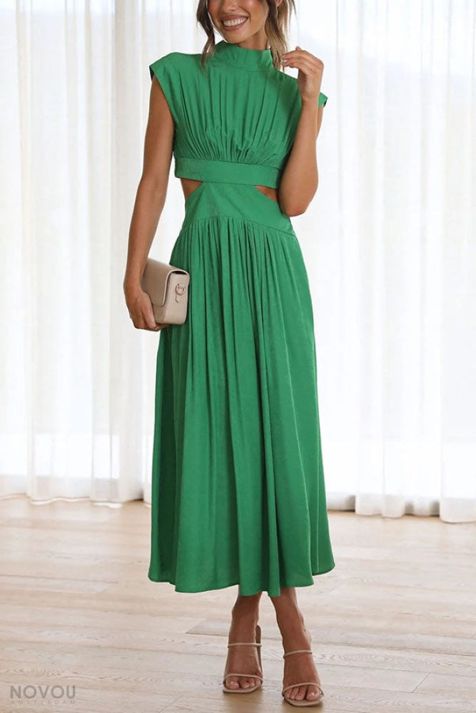 Elegant summer midi dress with roll neck and waist cut-out – Avelina-Green-S-The Livary