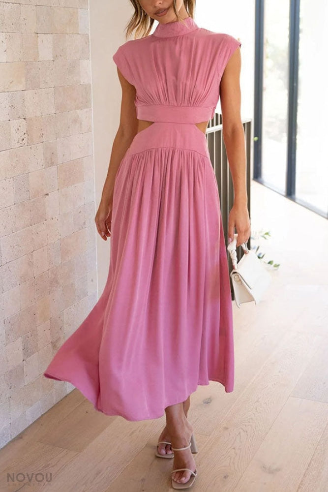 Elegant summer midi dress with roll neck and waist cut-out – Avelina-Pink-S-The Livary