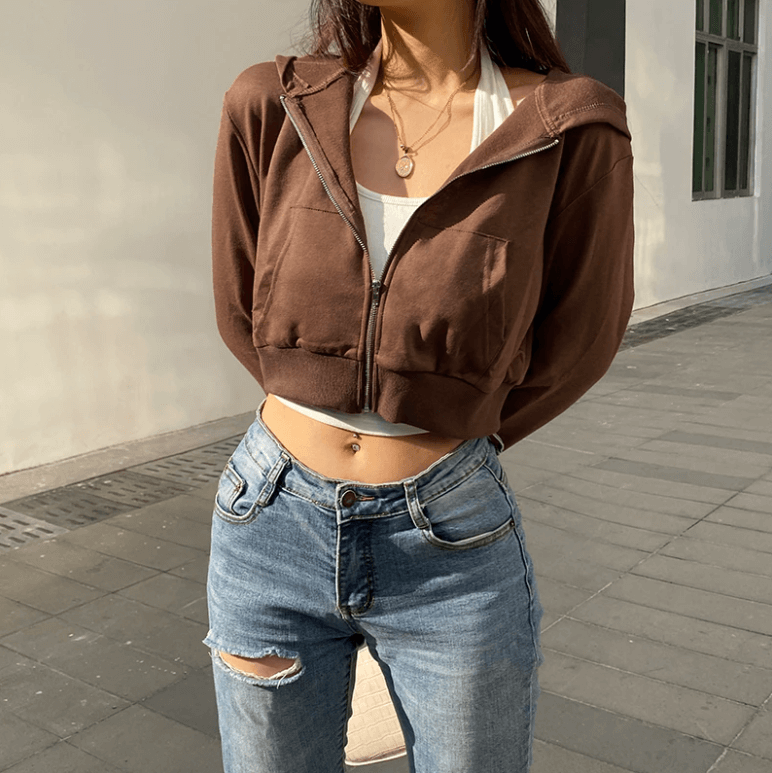 Trendy Fitted Women's Cropped Zip-Up Hoodie with Hood – Alina-Brown-S-The Livary