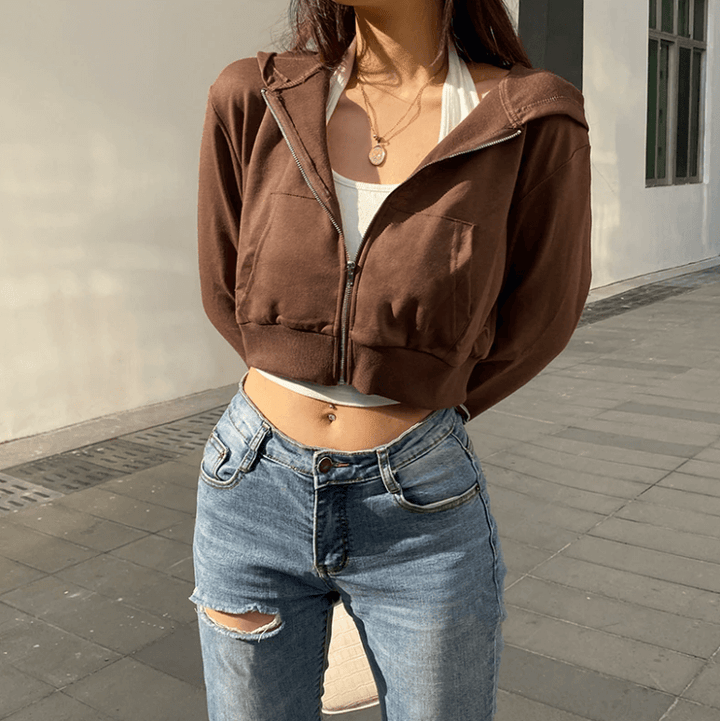 Trendy Fitted Women's Cropped Zip-Up Hoodie with Hood – Alina-Brown-S-The Livary