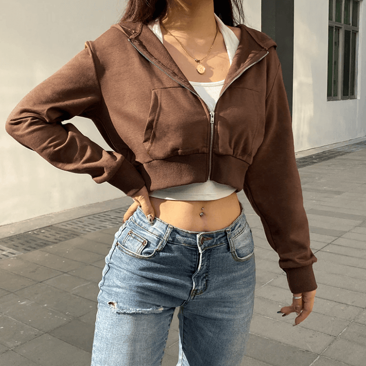 Trendy Fitted Women's Cropped Zip-Up Hoodie with Hood – Alina-Brown-S-The Livary
