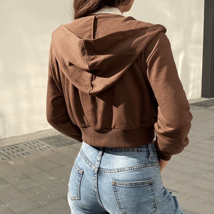 Trendy Fitted Women's Cropped Zip-Up Hoodie with Hood – Alina-Brown-S-The Livary