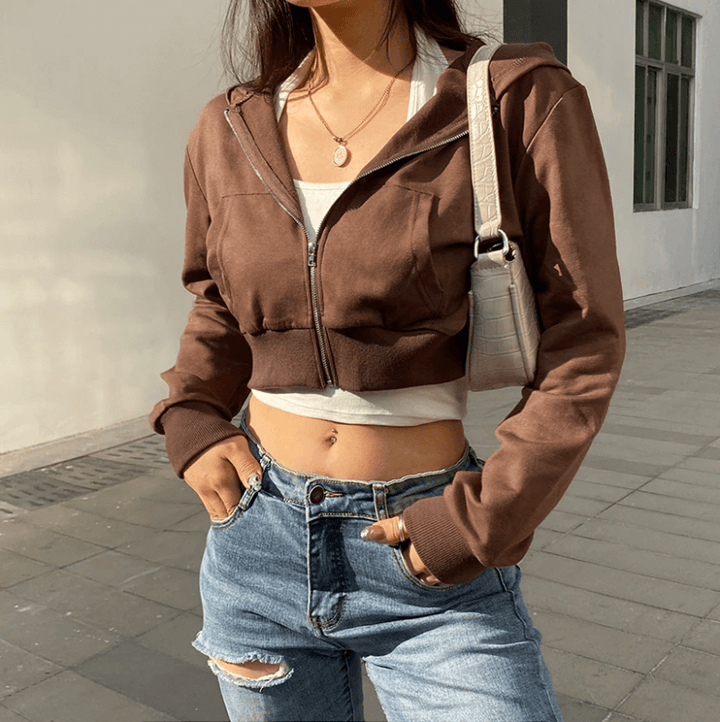 Trendy Fitted Women's Cropped Zip-Up Hoodie with Hood – Alina-Brown-S-The Livary