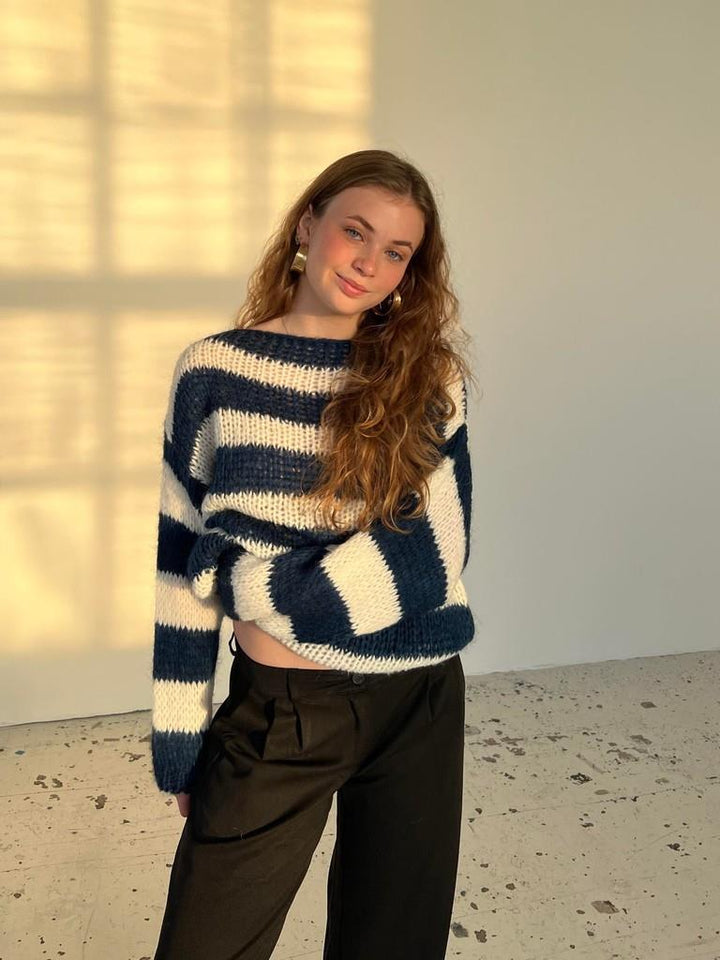 Knitted and Striped Oversized Women's Sweater - Harper-Blue and White-XS/S-The Livary