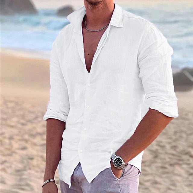 Casual men's linen shirt with long sleeves – Milan-White-S-The Livary