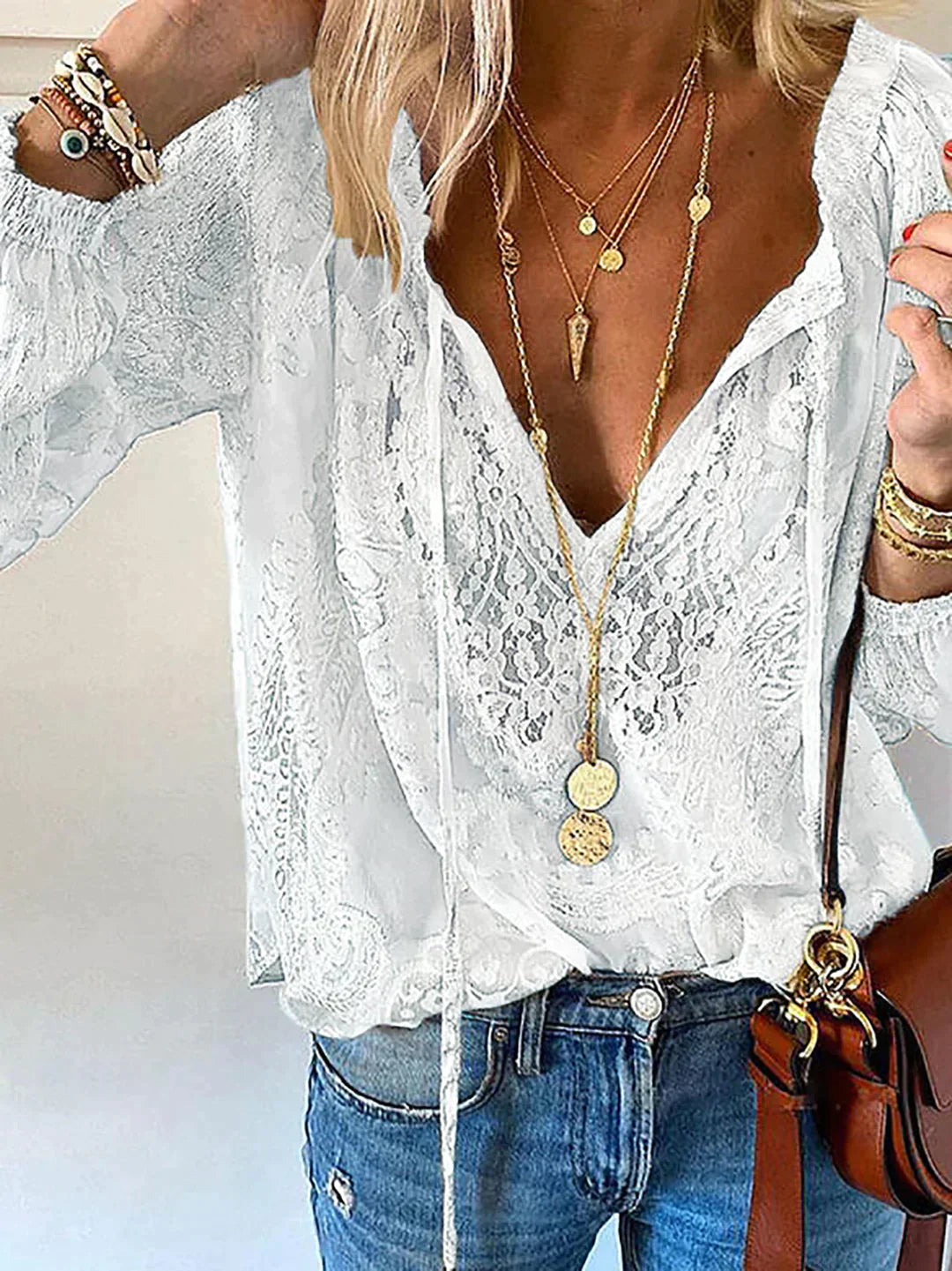 Exclusive Ladies' Blouse with Lace - Elodie-White-XS-The Livary