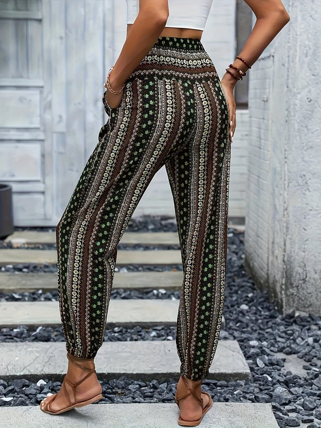 Boho High-Waist Women's Trousers with Print & Smocked Waistband – Linara-Dark brown-S-The Livary