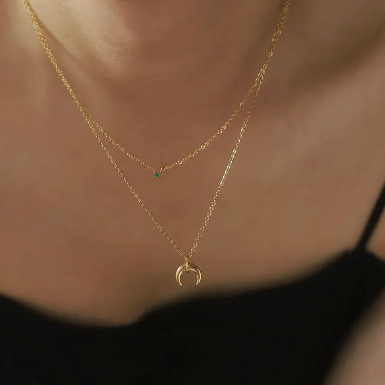 Green Diamond Double Crescent Moon Necklace - Selina-The Livary