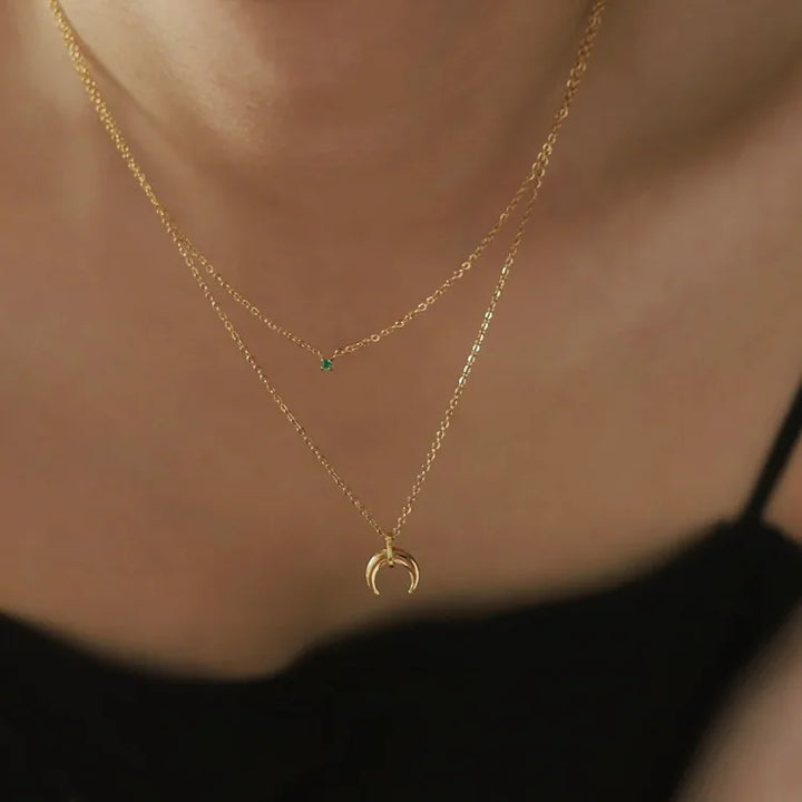 Green Diamond Double Crescent Moon Necklace - Selina-The Livary