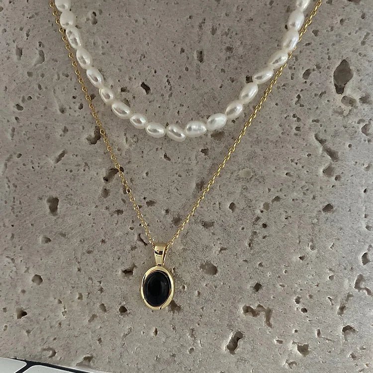 Black Onyx and Pearl Stack Necklace - Aria-The Livary