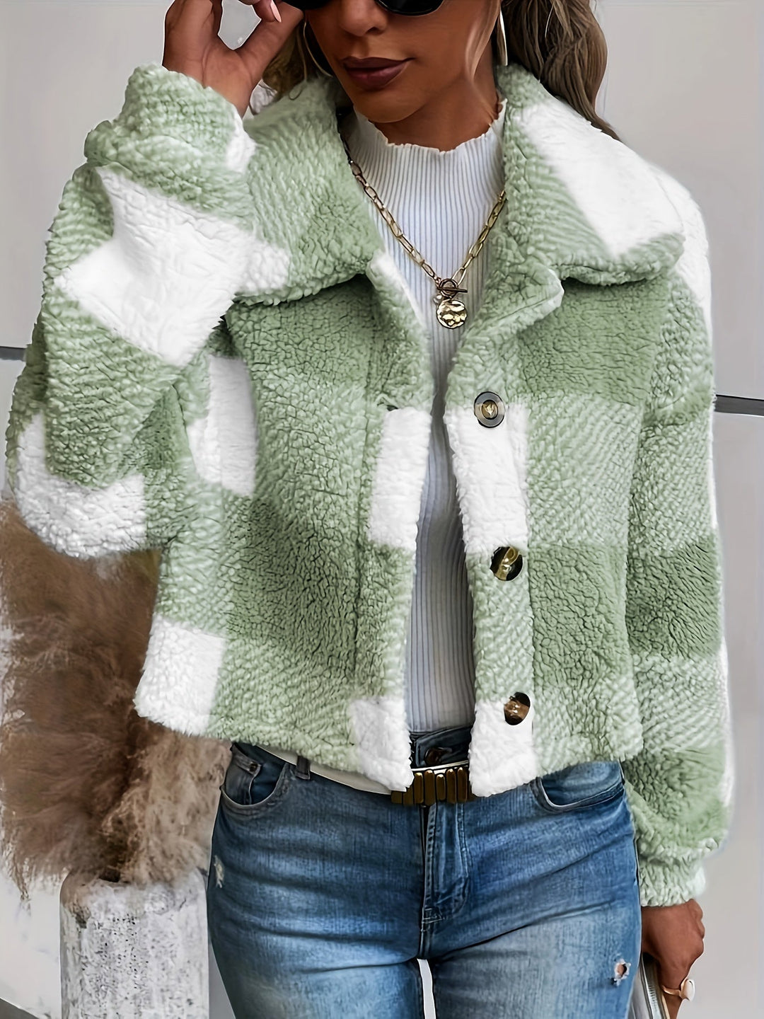 Checked Teddy Jacket with Button Closure - Clara-Green-XS-The Livary