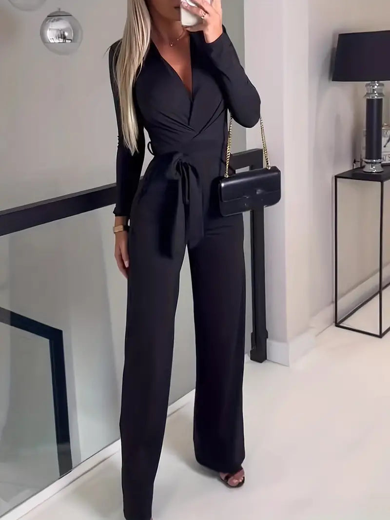 Wide-leg jumpsuit with belt and V-neck - Elise-Black-S-The Livary