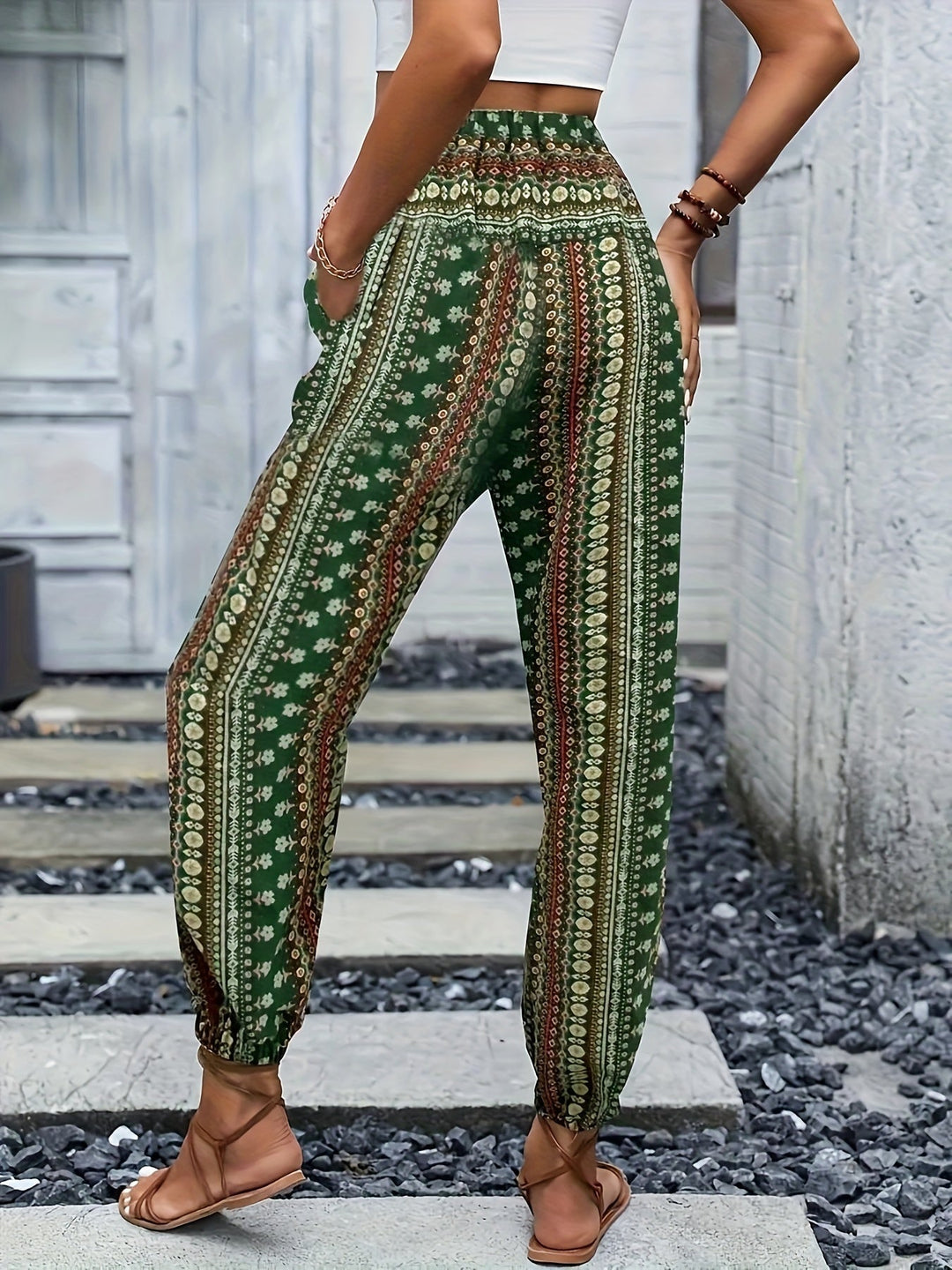 Boho High-Waist Women's Trousers with Print & Smocked Waistband – Linara-Dark brown-S-The Livary