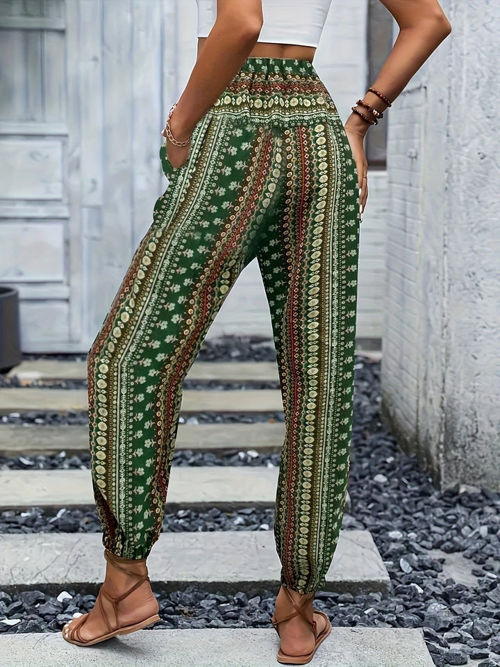 Boho High-Waist Women's Trousers with Print & Smocked Waistband – Linara-Dark brown-S-The Livary
