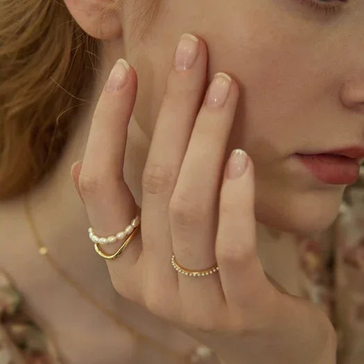 Double Layered Gold Ring with Freshwater Pearl - Ivy-The Livary