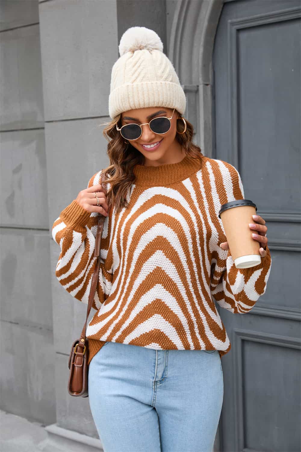 Sweater with Round Neck and Print - Azure-Caramel-S-The Livary